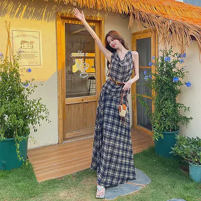 French Style Hot Girl Retro Plaid Swing Collar Vest Top for Women High Waist Long Skirt Suit Dress