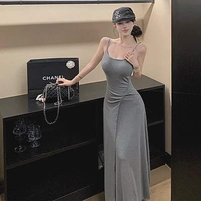 Real shot Summer New Style Knot Design Sense Scheming Slimming Knit Strap Dress Women's With Chest Pad Slimming Long Skirt