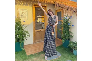 French Style Hot Girl Retro Plaid Swing Collar Vest Top for Women High Waist Long Skirt Suit Dress