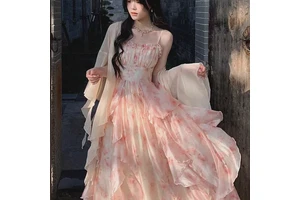 Real Shot Cost-Effective Socialite Style Party Ancient Military Uniform Pink Exquisite Bow Dress Women's Golden Suspender Skirt Women